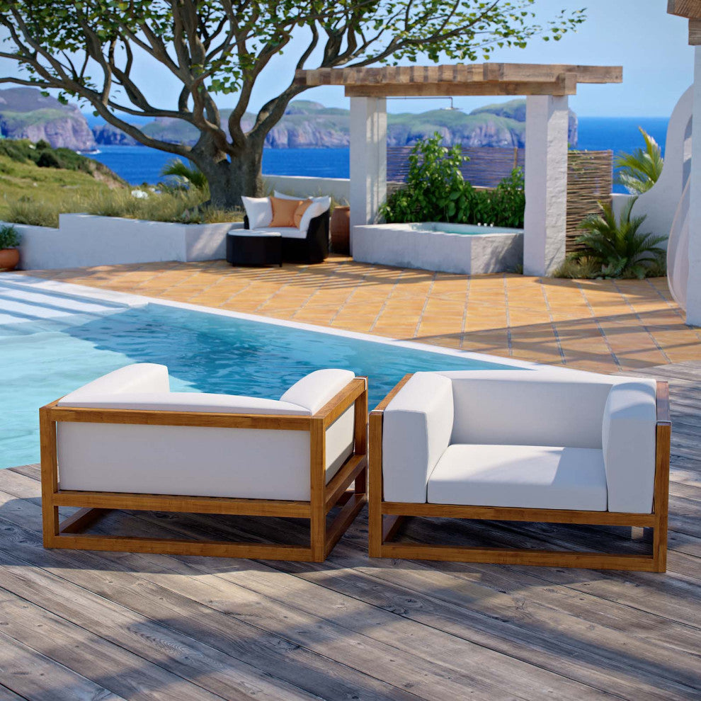 Outdoor Patio Furniture Lounge Chair Armchair, Set of Two, Wood, Natural White
