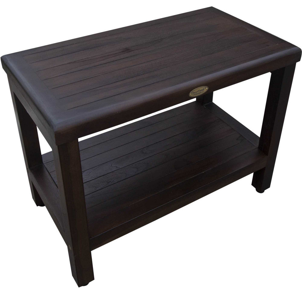 HomeRoots Rectangular Teak Shower Bench With Shelf, Brown Finish