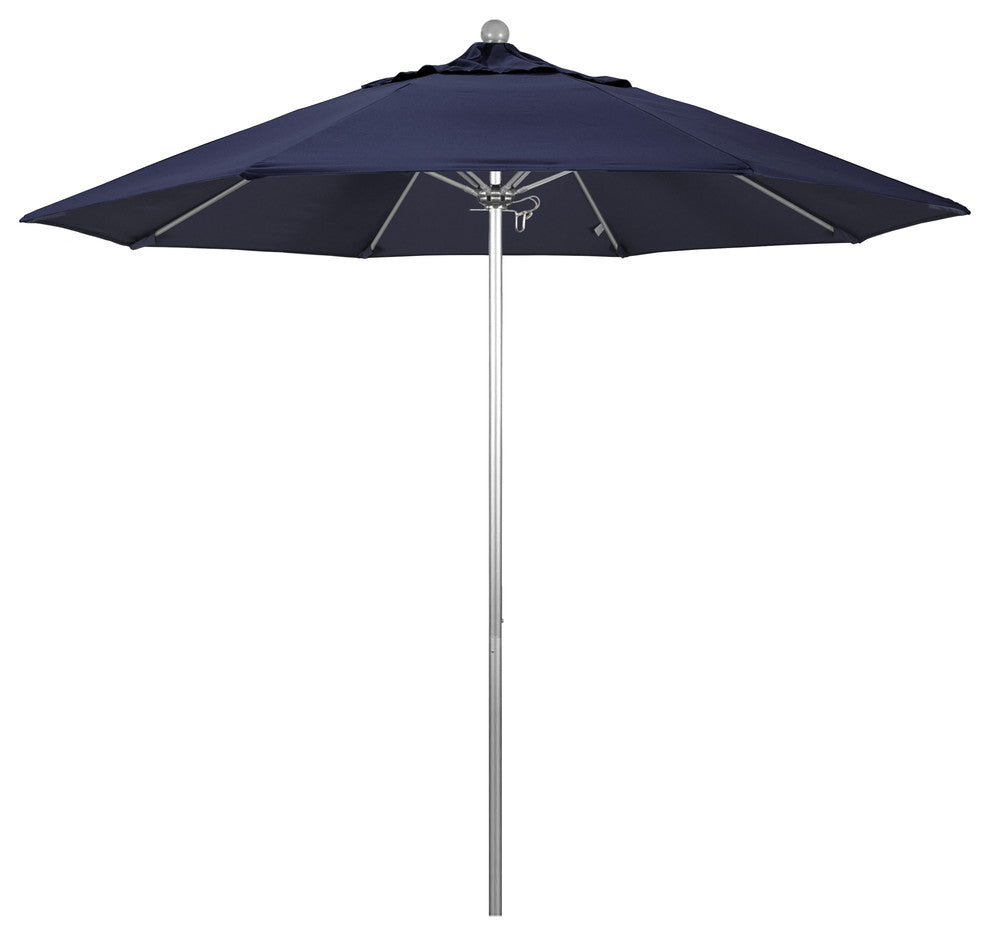 9' Fiberglass Umbrella Pulley Open Silver Anodized, Sunbrella, Navy