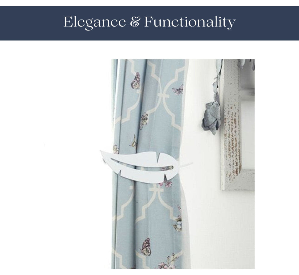 Metal Feather Curtain Tiebacks with Magnetic Closure "“ No Installation Needed, White, Pack of 1