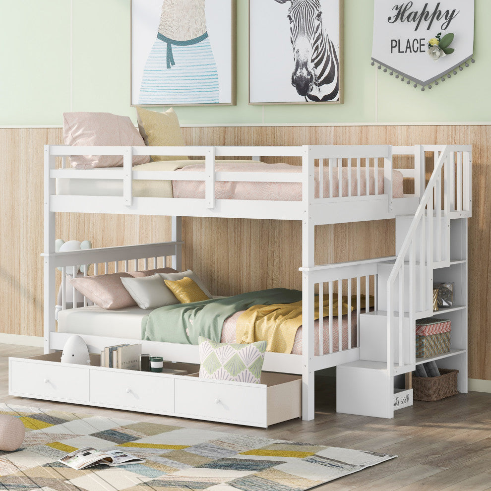 Gewnee Stairway Full-Over-Full Bunk Bed with Drawer,  Rail for Bedroom in White