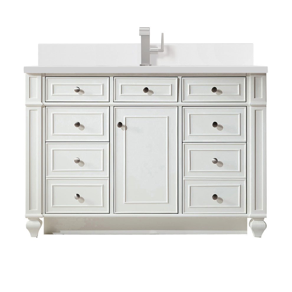 Bristol 48" Single Vanity, Bright White, Single Hole White Quartz, Backsplash