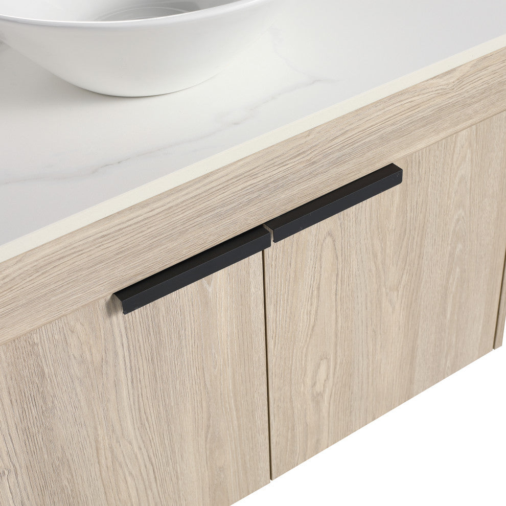 Wall-Mounted Bath Vanity, White Oak, White Ceramic Vessel Sink