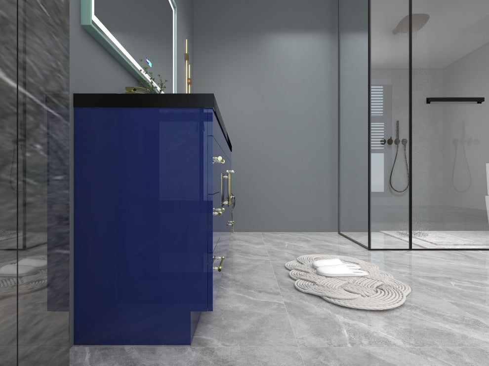 Rosa 60" Free Standing Modern Vanity, High Gloss Night Blue, Matt Black Top