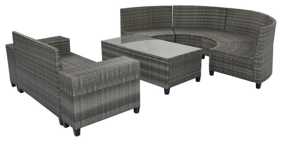 8 Pieces Outdoor Wicker Curved Patio Sectional with Coffee Table and Cushions, Gray