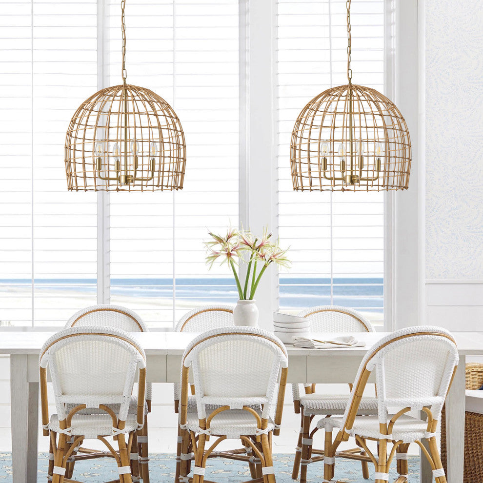 4-Light Hand-Woven Rattan Pendant Light for Kitchen Island