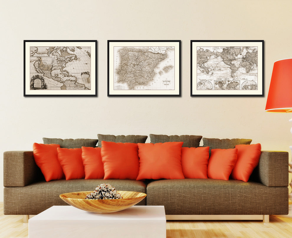 Spain Portugal Vintage Sepia Map Canvas Print, 16"x21"