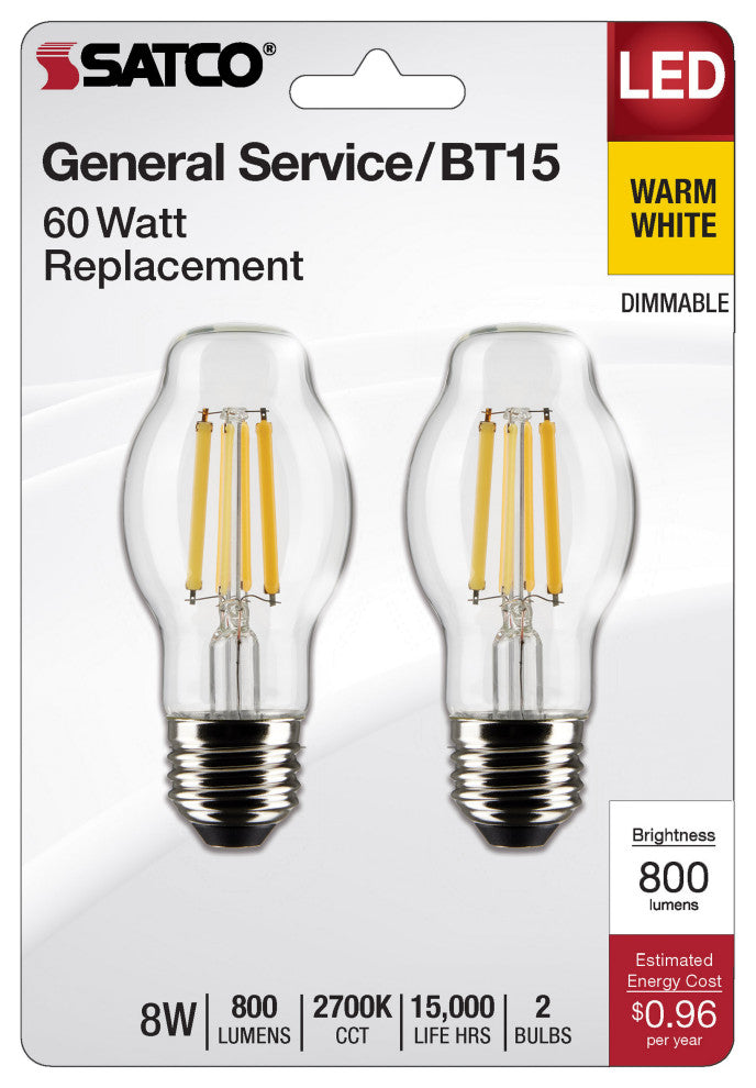 8W BT15 LED, Clear, Medium Base, 2700K, 800 Lumens, 120V