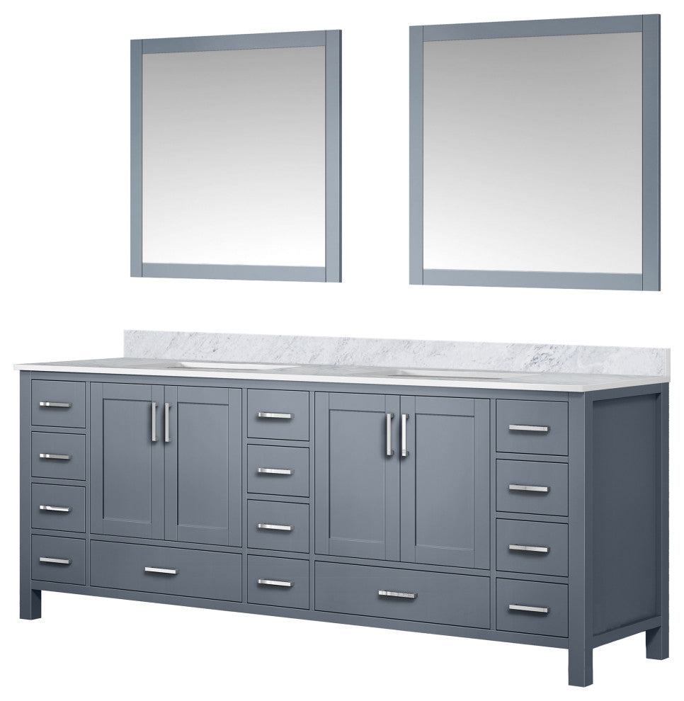Jacques 84" Dark Gray Double Vanity Carrara Marble Top Sinks, 34" Wall Mirrors