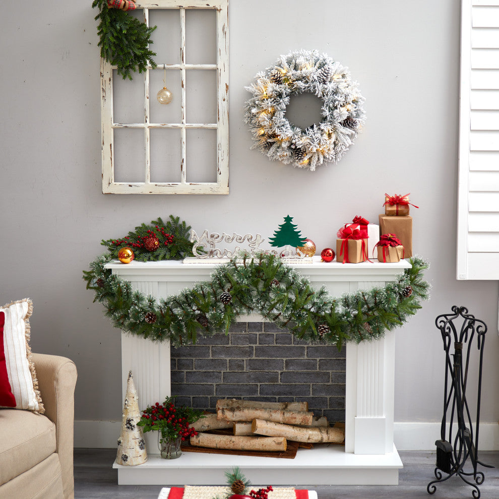 20" Flocked Artificial Christmas Wreath With 35 Warm White LED Lights