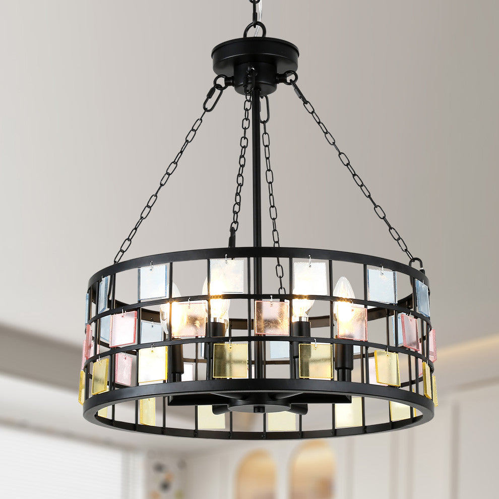 20" Modern Tiffany DIY Chandelier, 6-Light w 24" Adjustable Hanging Chain, Weathered Wood