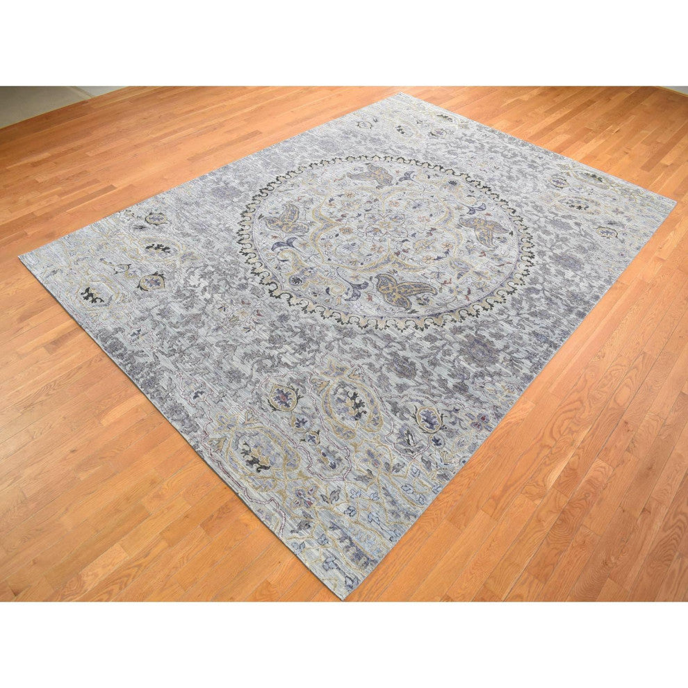Silver Gray, THE MAHARAJA Design, Silk With Wool Hand Knotted Rug, 9'0"x12'0"