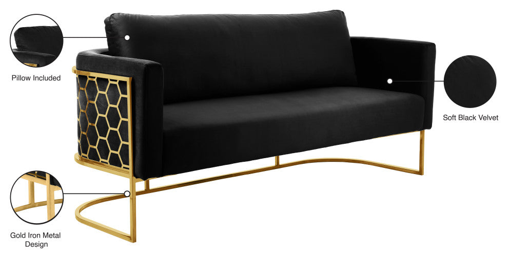 Casa Velvet Upholstered Sofa, Black, Gold Finish