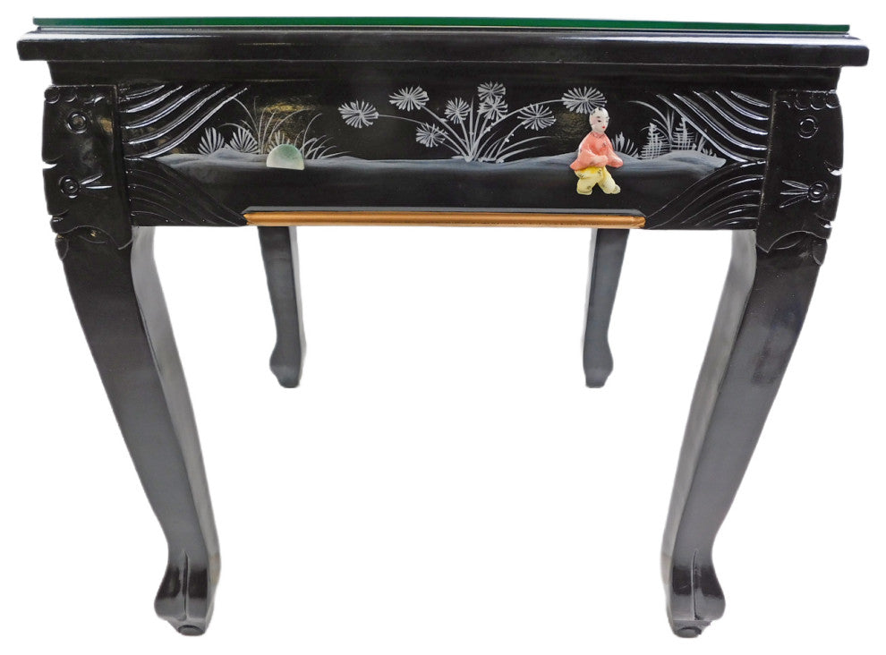 Dragon Leg Oriental End Table Inlaid Pearl, Black Lacquer