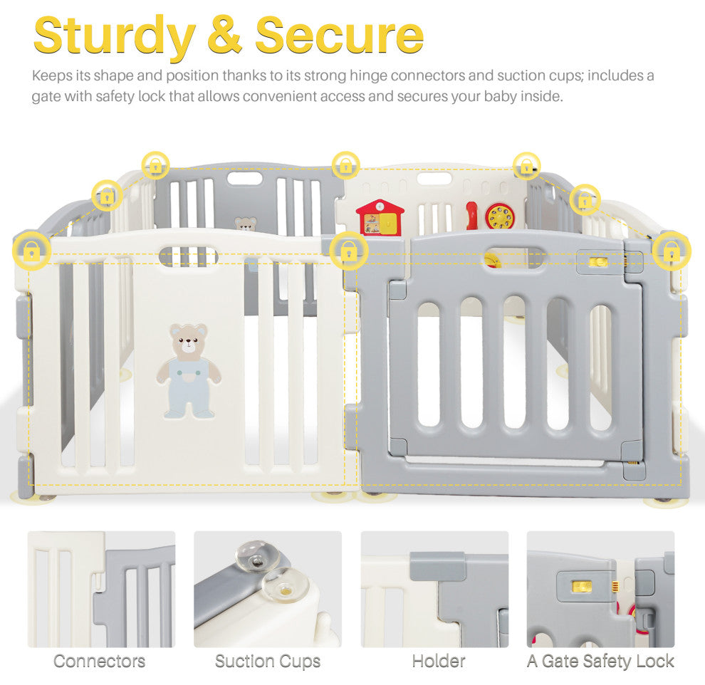 Kidzone Interactive Baby Playpen 8 Panel Safety Gate ASTM Certified, Grey-White