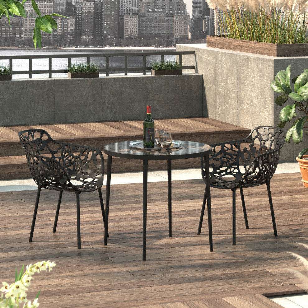 LeisureMod Devon Outdoor Patio 31" Round Aluminum Glass Top Bistro Table, Black