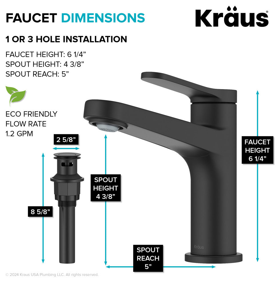 KRAUS Indy Single Handle Basin Bathroom Faucet Matte Black, Pop Up Drain