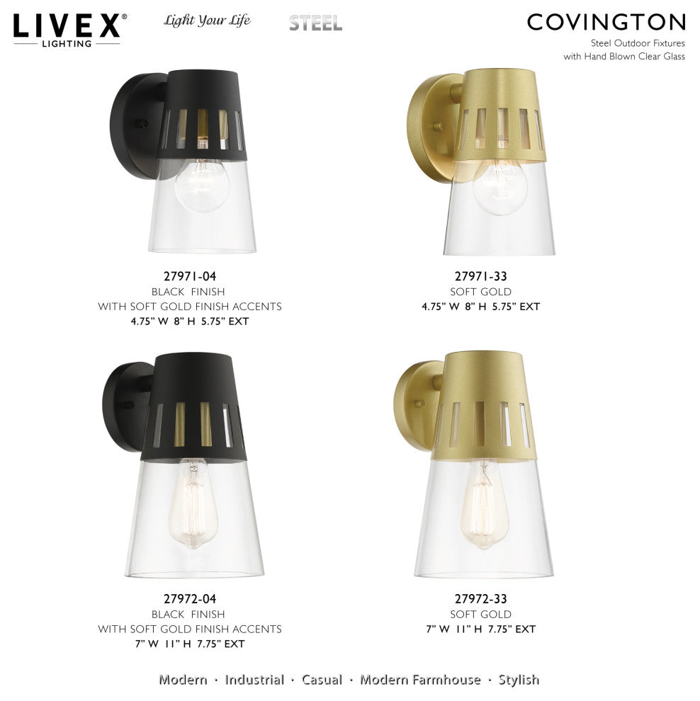 Covington 1-Light Black Outdoor Medium Wall Lantern, Soft Gold Accents