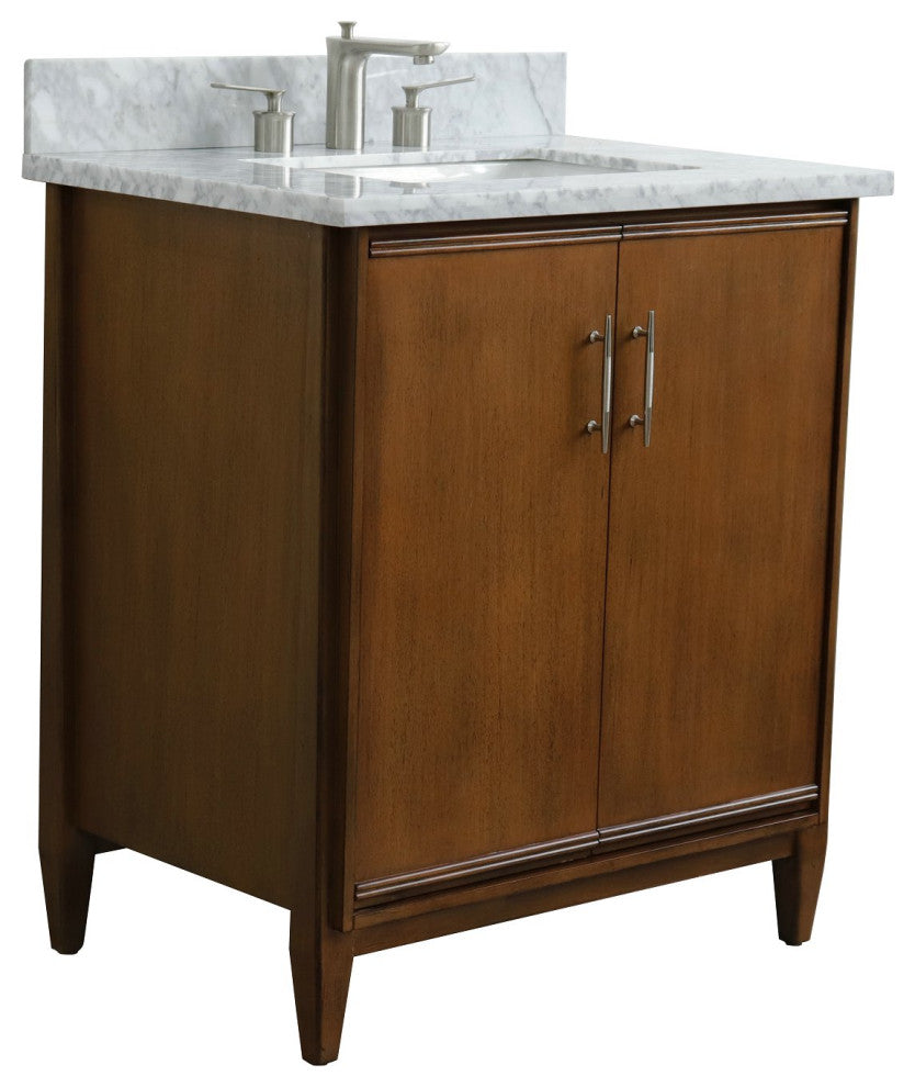 31" Single Sink Vanity, Walnut Finish With White Carrara Marble
