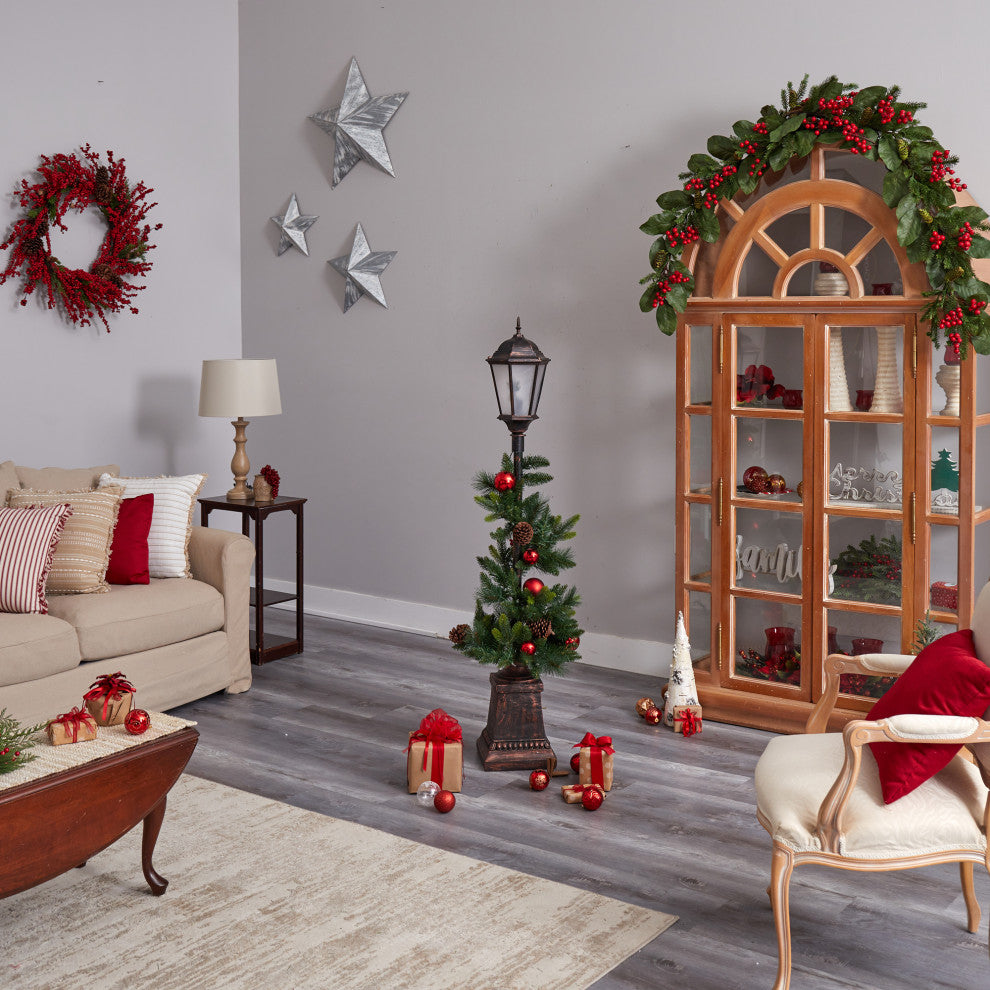D1031 5' Holiday Decorated Lamp Post With Artificial Christmas Greenery
