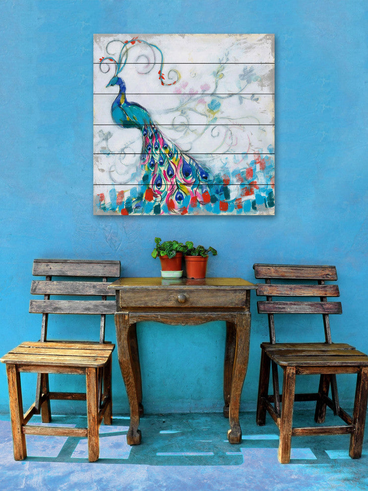 "Confetti Peacock II" Painting Print on White Wood, 18x18
