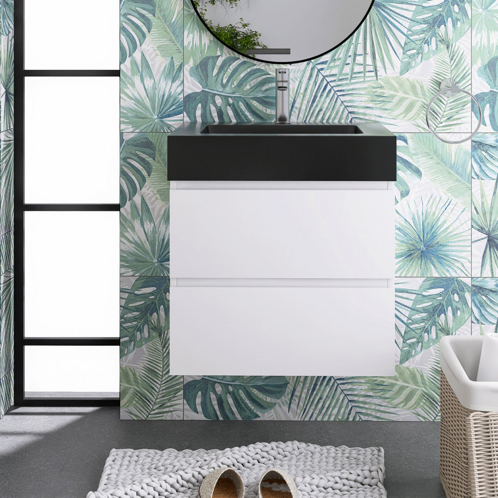 Wood Wall-Mounted Bathroom Vanity Set with Black Integrated Quartz Sand Sink, White, 24"