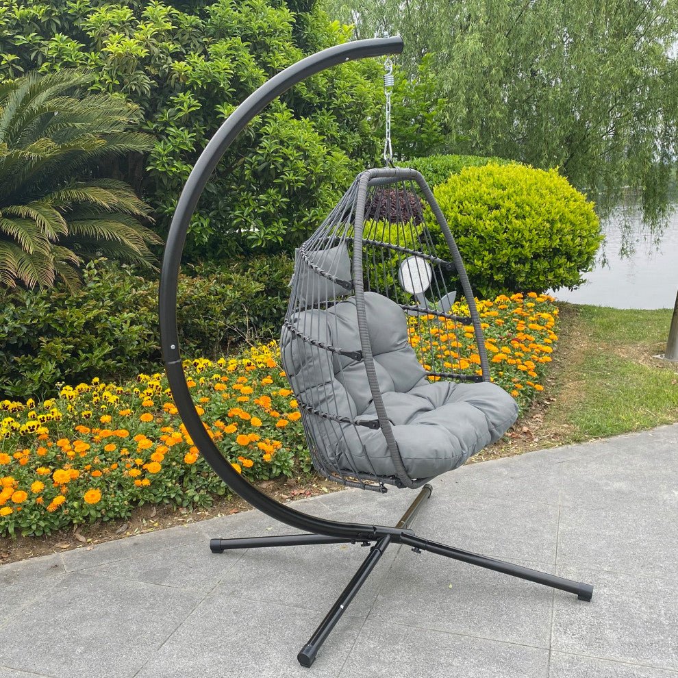 Outdoor Patio Wicker Folding Swing Chair Hanging With Bracket and Cushion Pillow