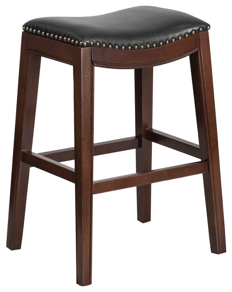 30" High Backless Cappuccino Wood Barstool With Black Leather Seat