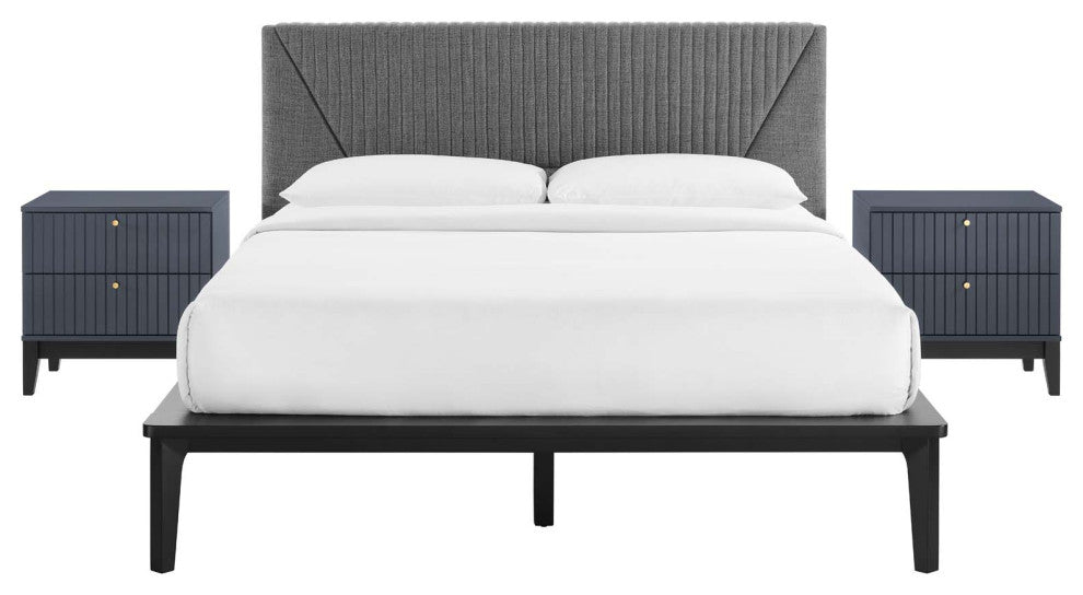 Platform Bed Nightstand Set, Queen Size, Blue, Wood, Modern, Mid Century Guest
