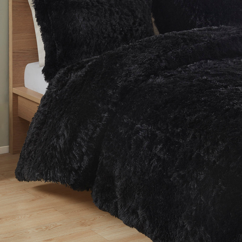 Intelligent Design Malea Shaggy Long Fur Comforter Mini Set, Black