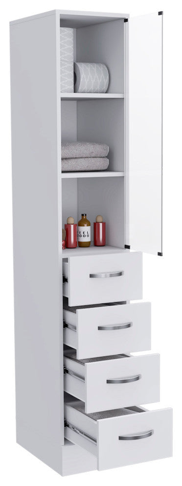 Preston Linen Cabinet with 3 Shelves, 4 Drawers, and Glass Door, White
