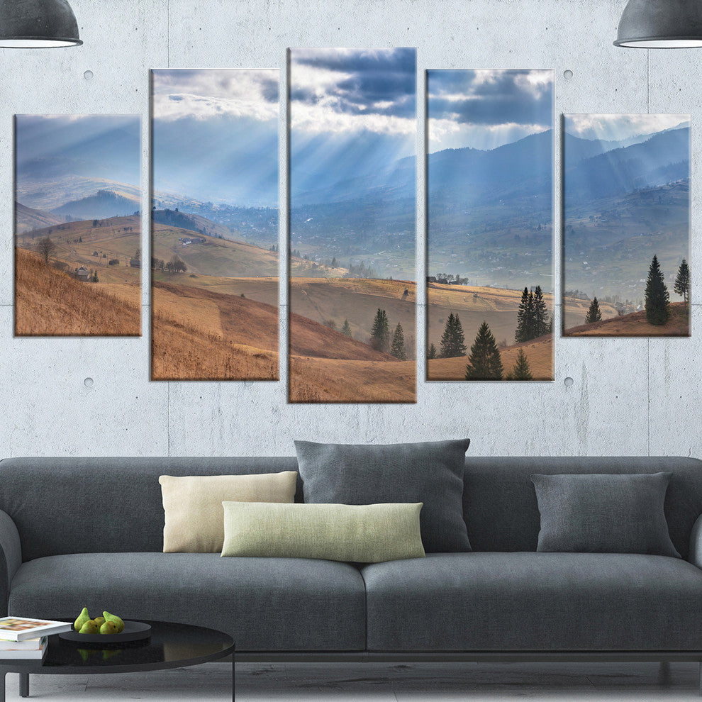 Beautiful Mountain Village View, Large Landscape Canvas Art, 60"x32", 5 Panels