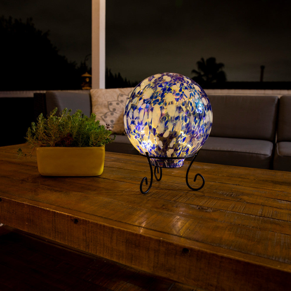 Alpine Blue & White Gazing Globe with LED Lights, 10 Inch Tall