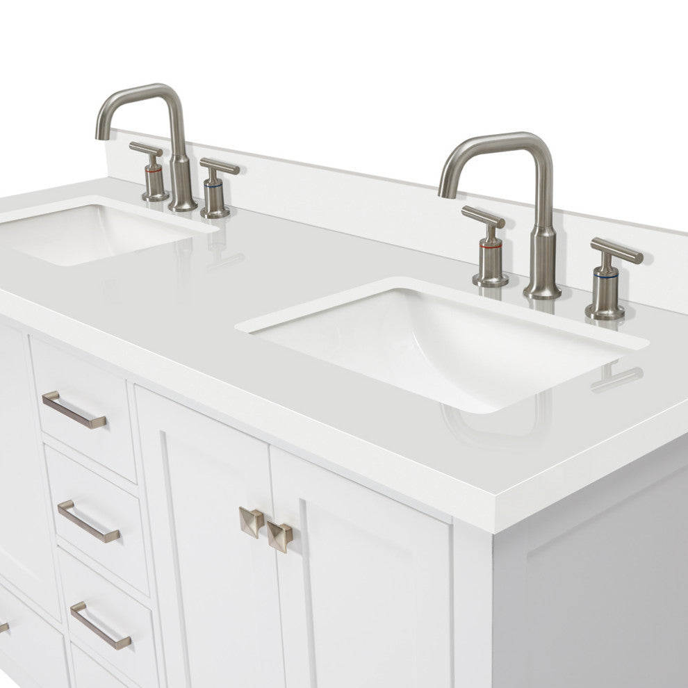 ARIEL Cambridge 61" Double Rectangle Sink Bathroom Vanity White With Quartz Top