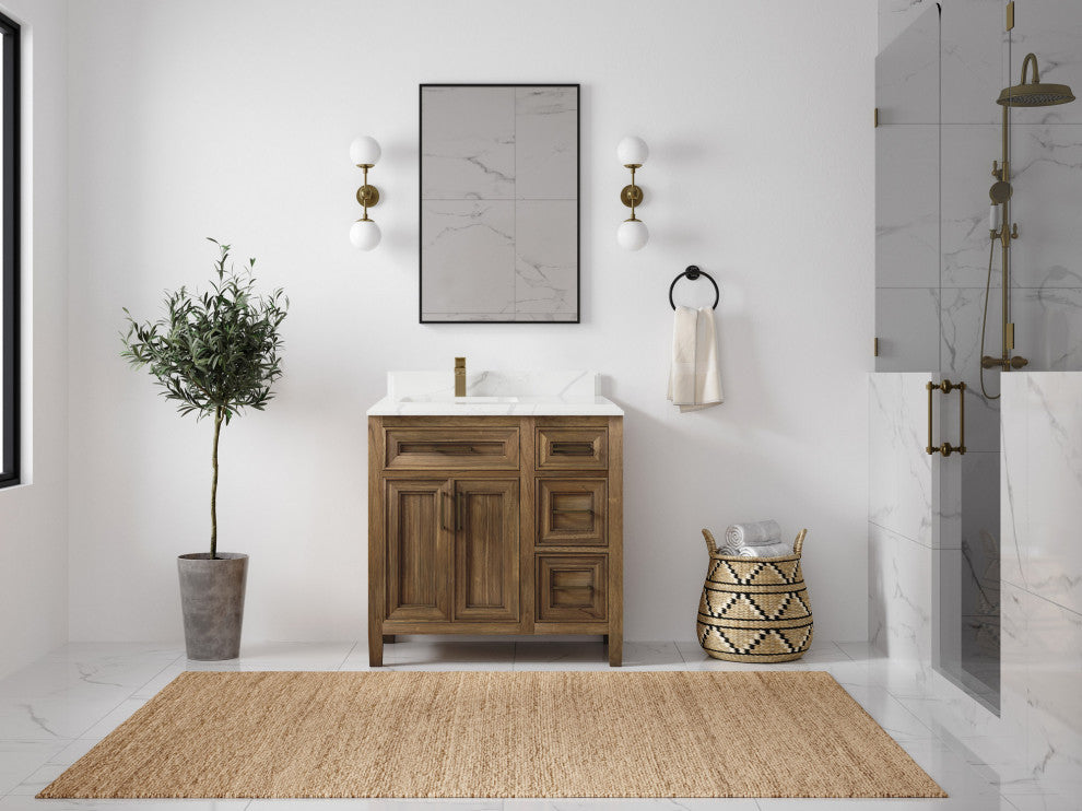 Santa Monica 36 Left Offset  Bath Vanity in Graywashed Teak 1.5" Calacatta Laza