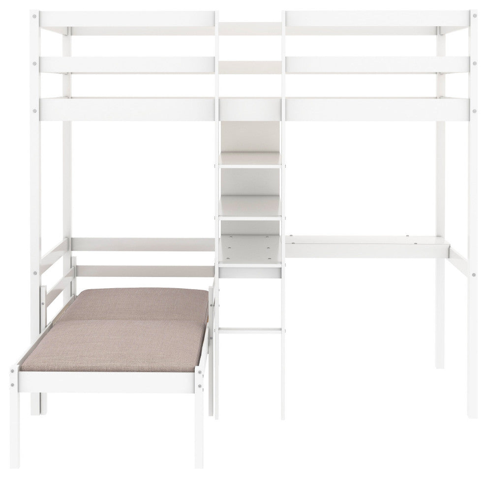 Gewnee Wood Convertible Twin Loft Bed with L-Shape Desk in White