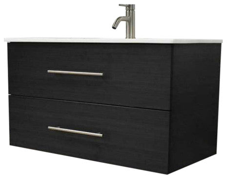 Napa 36" Modern Floating Bathroom Vanity With Ceramic Top and Round Handles, Black Ash