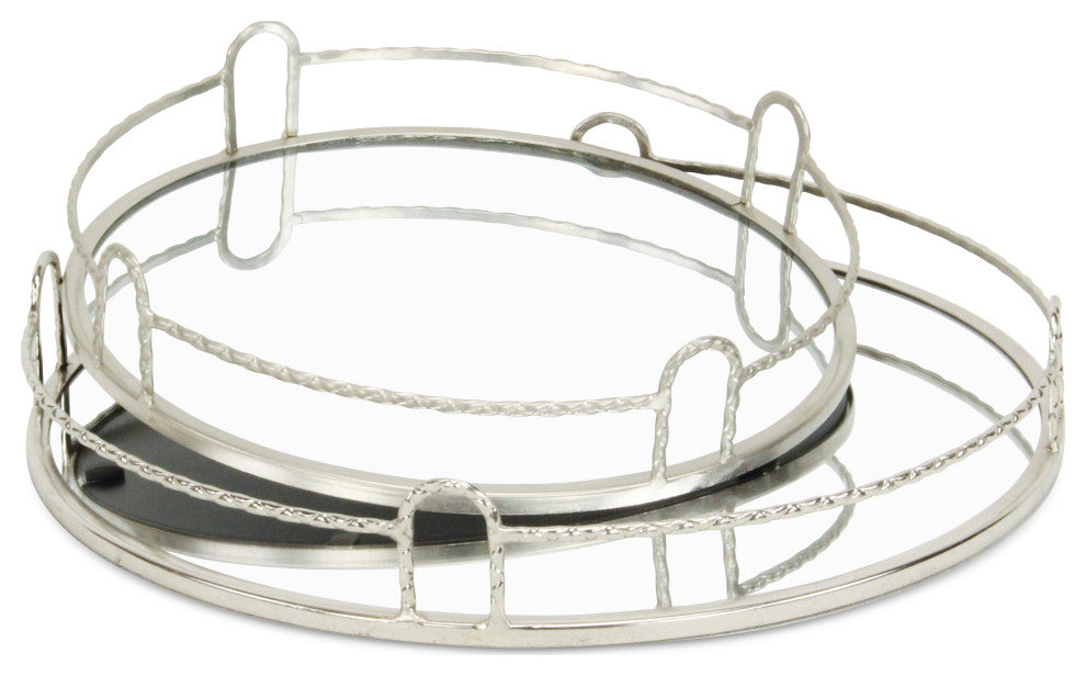 Mianzi Round Quilted Rim Silver Metal Trays (Set of 2)