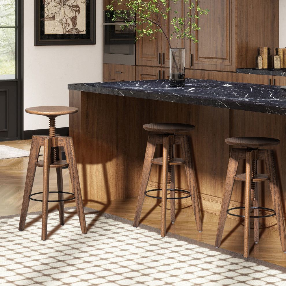 Spencer Minimalist Adjustable Height Bar Stool, Walnut Brown Oak Wood
