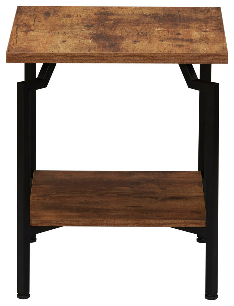 Crown Square Side End Table, Storage Shelf Rustic Hickory, Black Metal