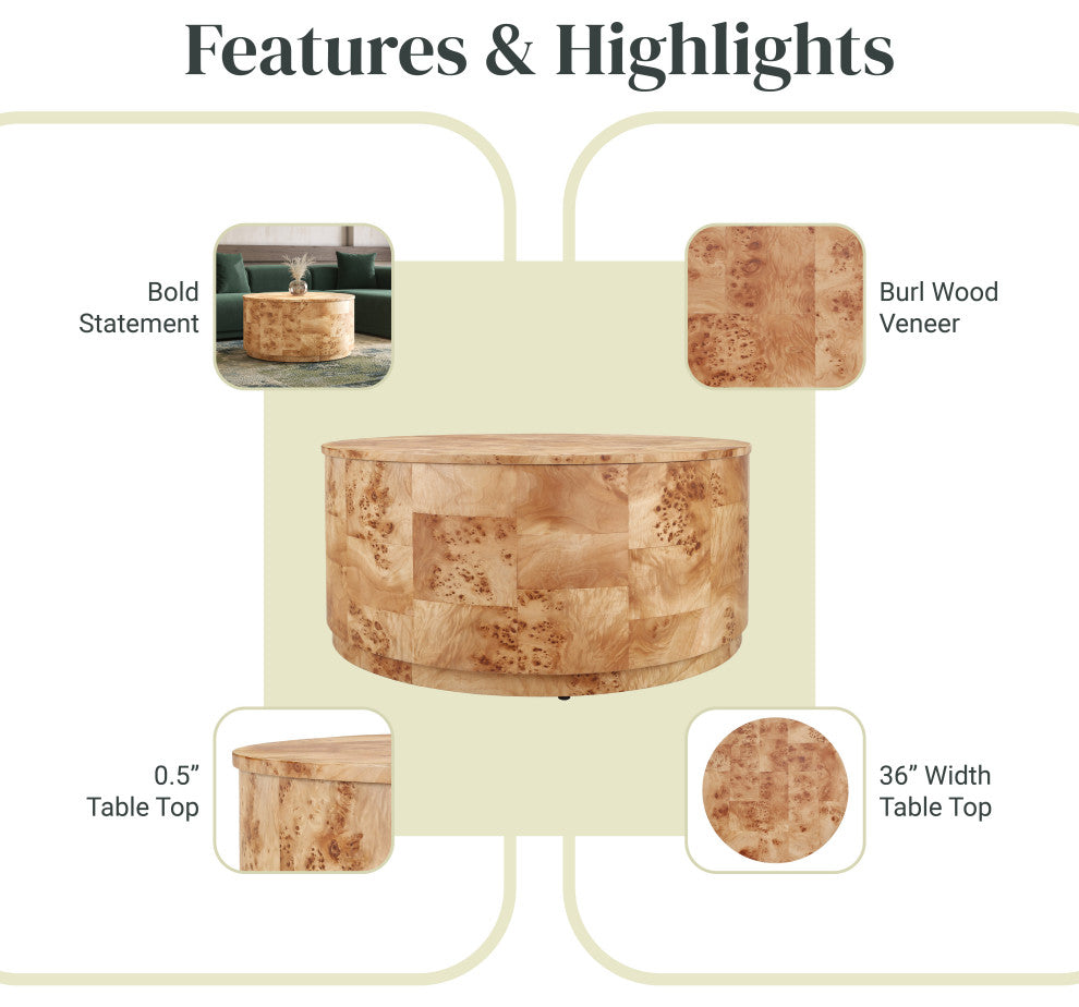 Arsenio Burl Wood Round Table, Natural Burl, Coffee Table