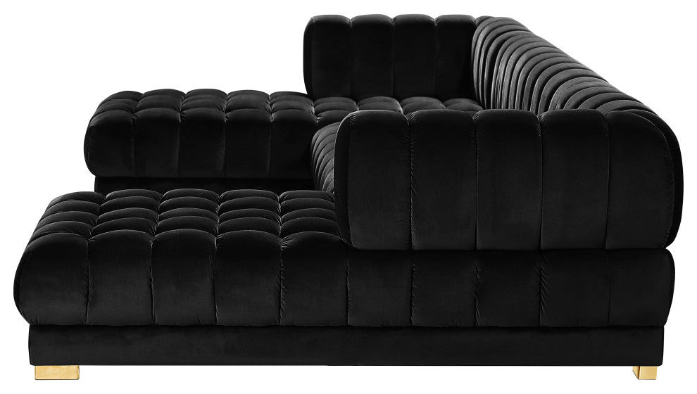 Gwen Biscuit Tufted Velvet Upholstered 3 Piece Sectional, Black