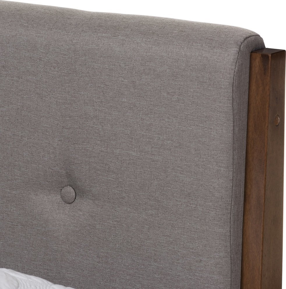 Leyton Light Gray Fabric and Medium Brown Finish Wood King Size Platform Bed