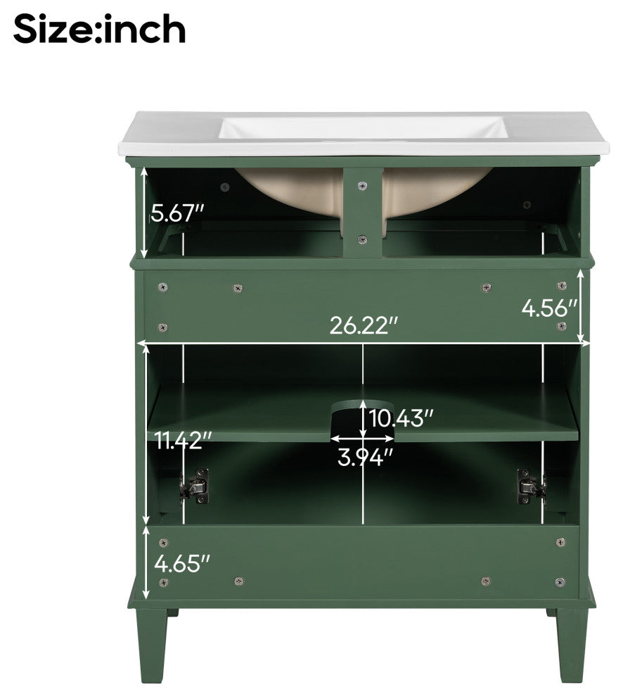30 Inch Bathroom Vanity with Ceramic Basin, Soft-close Door, Green