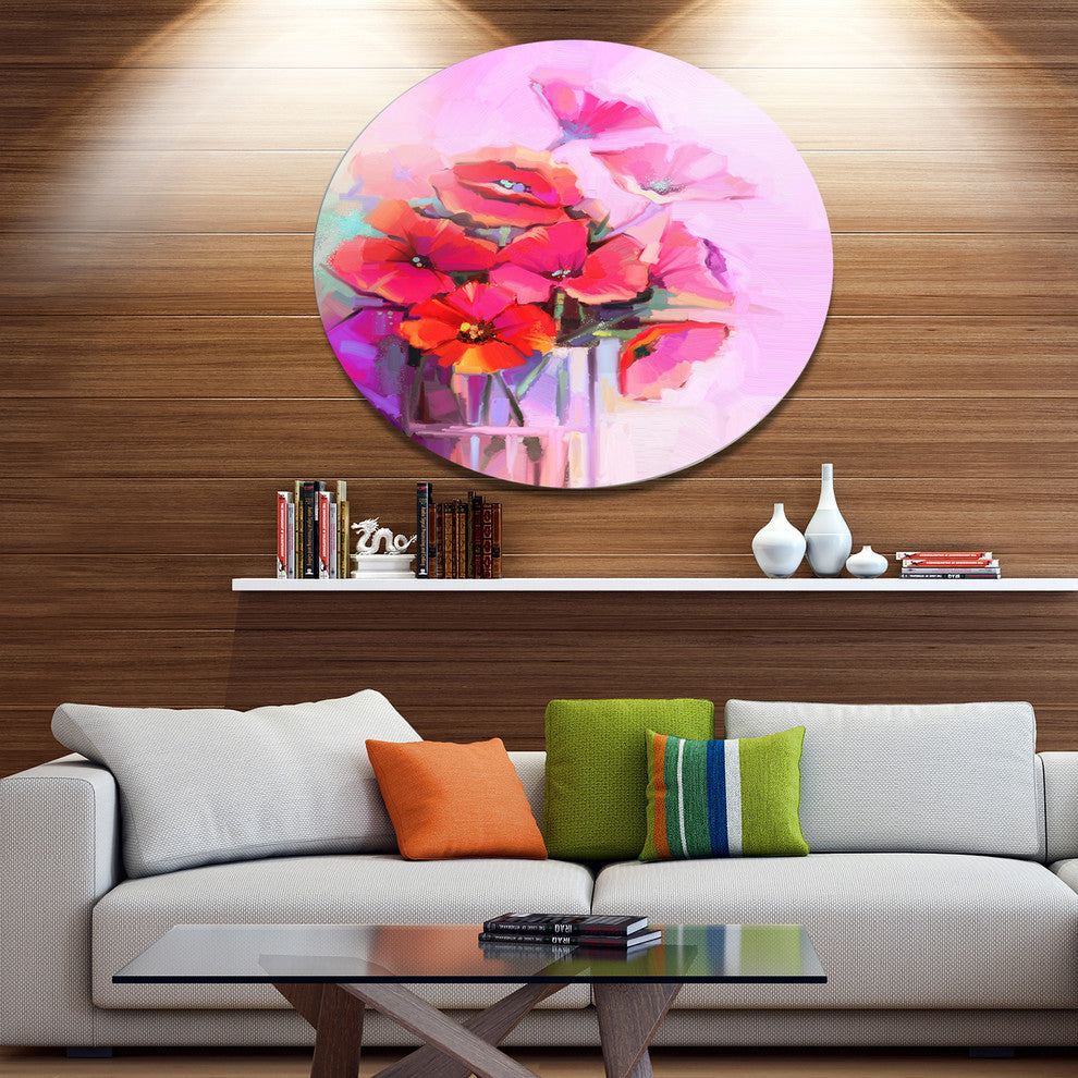 Bouquet Of Poppies In Glass Vase, Modern Floral Disc Metal Artwork, 11"