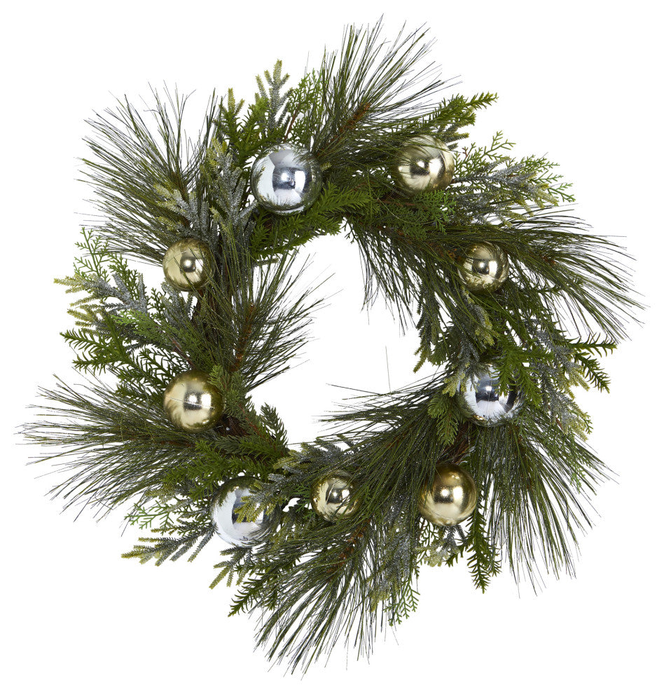 Nearly Natural 26ï¿½ Sparkling Pine Artificial Wreath with Decorative Ornaments