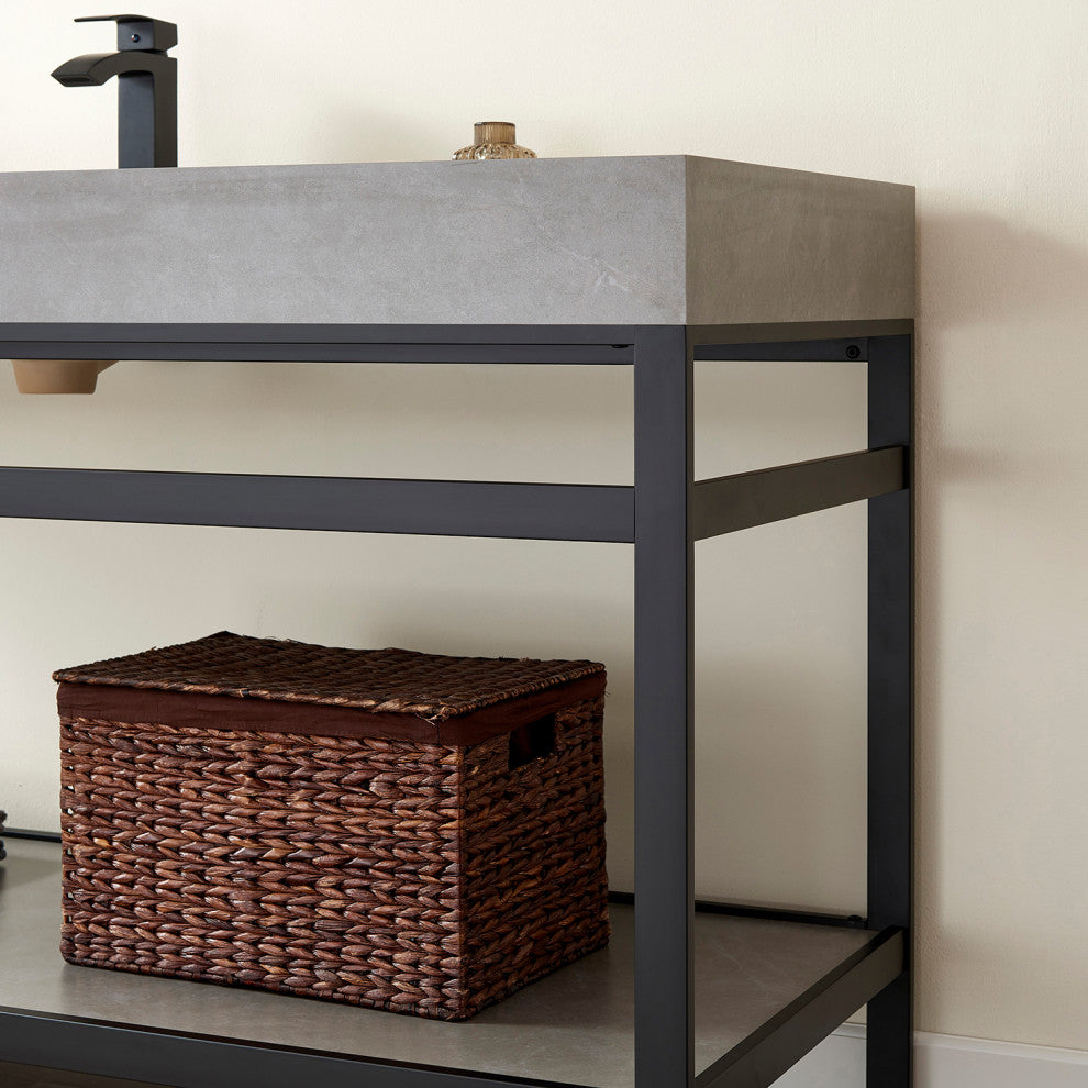 Funes Bath Vanity without Mirror, Matte Black Hardware, Double Sink, Grey Stone Top
