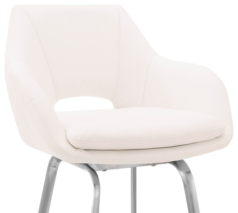 Aura Faux Leather and Metal Bar Stool, Stainless Steel and White, Counter Height, 23-28"