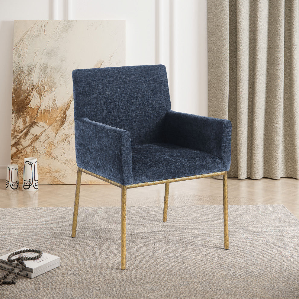 Reeves Upholstered Dining Chair, Navy, Chenille , AC,  Brushed Brass, Set of 2