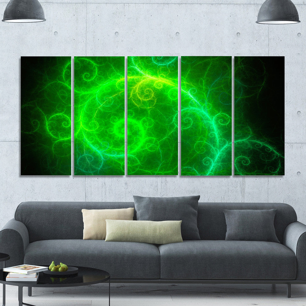 Beautiful Green Pattern on Black, Abstract Wall Art Canvas, 60"x28", 5 Panels